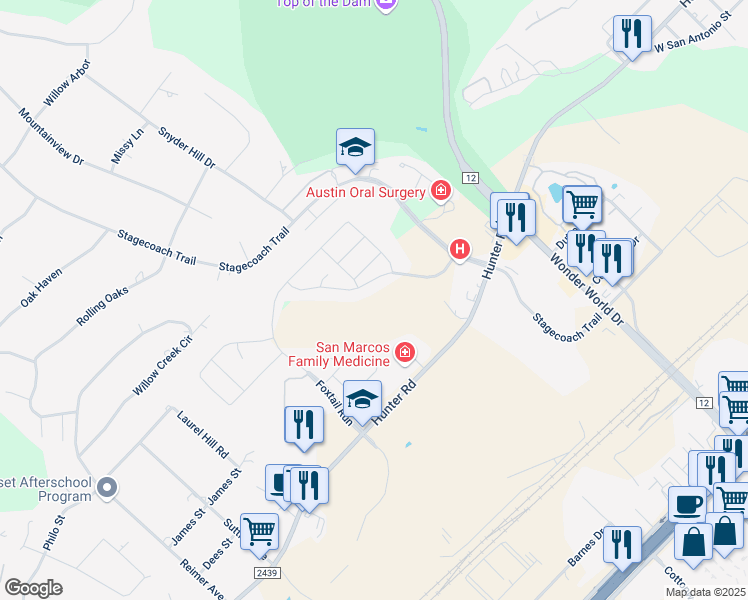 map of restaurants, bars, coffee shops, grocery stores, and more near 401 Hunters Hill Drive in San Marcos