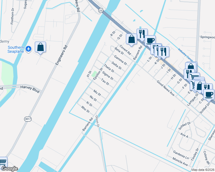 map of restaurants, bars, coffee shops, grocery stores, and more near 105 PI Street in Belle Chasse