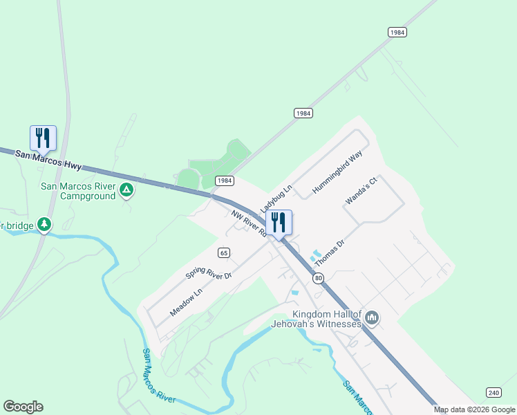 map of restaurants, bars, coffee shops, grocery stores, and more near 12205 San Marcos Highway in Martindale