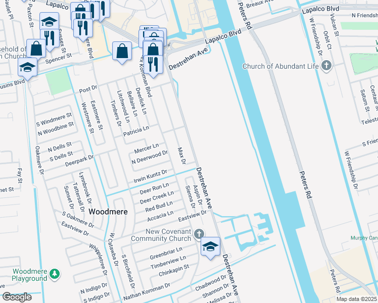map of restaurants, bars, coffee shops, grocery stores, and more near 2920 Destrehan Avenue in Harvey