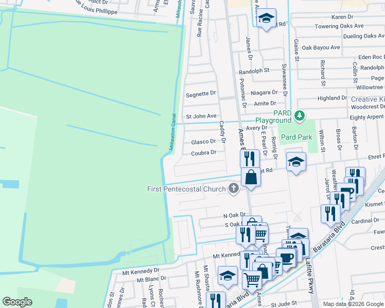 map of restaurants, bars, coffee shops, grocery stores, and more near 5877 Coubra Drive in Marrero