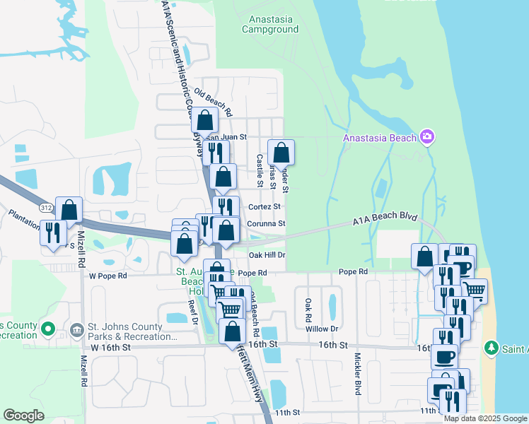 map of restaurants, bars, coffee shops, grocery stores, and more near 1835 Castile Street in St. Augustine