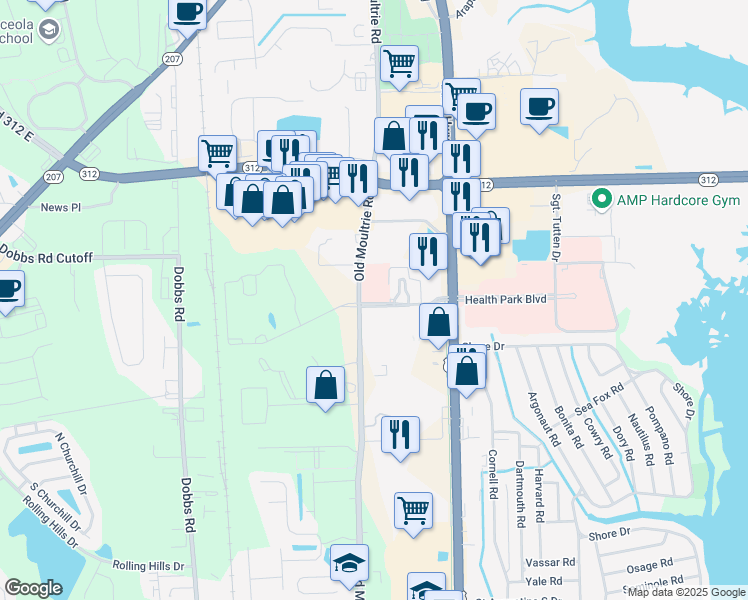 map of restaurants, bars, coffee shops, grocery stores, and more near 190 Southpark Boulevard in Saint Augustine