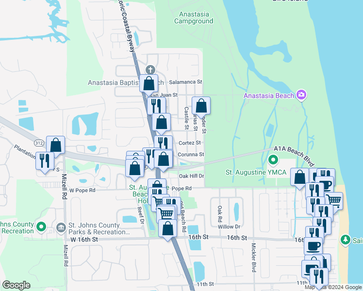 map of restaurants, bars, coffee shops, grocery stores, and more near 1343 Cortez Street in Saint Augustine
