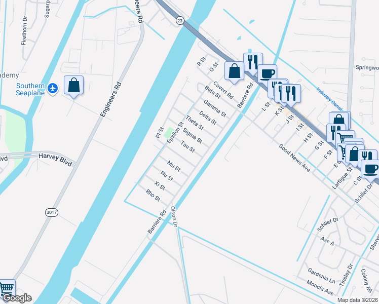 map of restaurants, bars, coffee shops, grocery stores, and more near 105 PI Street in Belle Chasse
