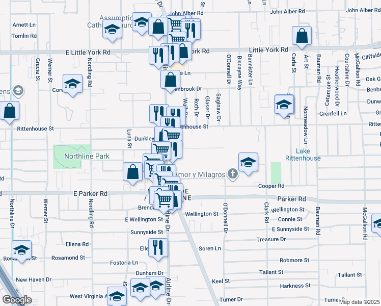 map of restaurants, bars, coffee shops, grocery stores, and more near 37 McCabe Street in Houston