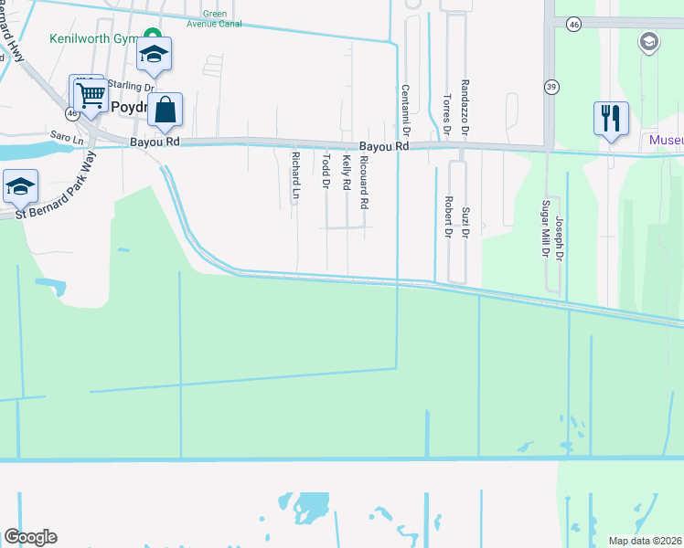 map of restaurants, bars, coffee shops, grocery stores, and more near 1601 Todd Drive in Saint Bernard