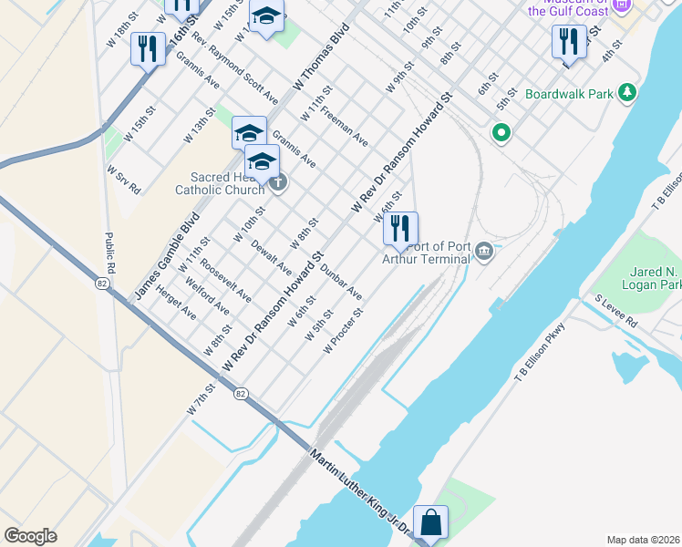map of restaurants, bars, coffee shops, grocery stores, and more near 1020 West 6th Street in Port Arthur