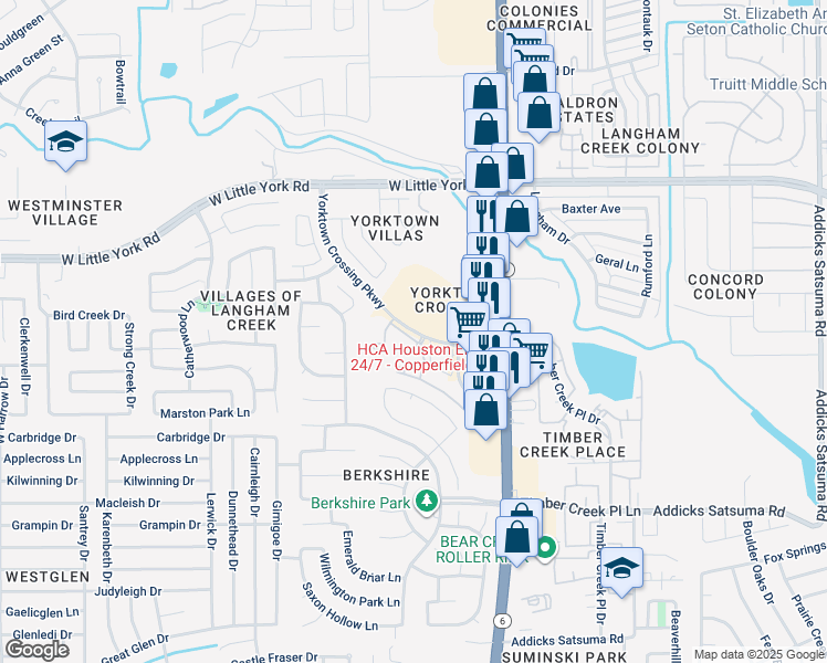 map of restaurants, bars, coffee shops, grocery stores, and more near 15908 Yorktown Crossing Parkway in Houston
