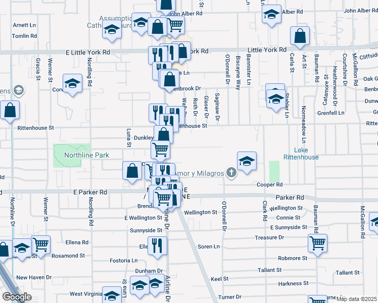 map of restaurants, bars, coffee shops, grocery stores, and more near 6900 Airline Drive in Houston