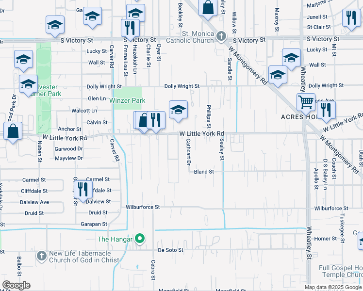 map of restaurants, bars, coffee shops, grocery stores, and more near 6810 Covington Drive in Houston