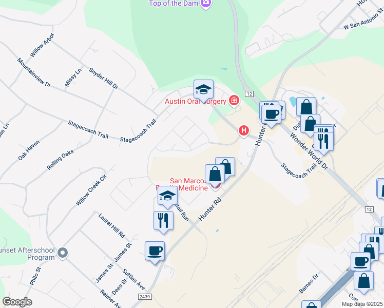map of restaurants, bars, coffee shops, grocery stores, and more near 401 Hunters Hill Drive in San Marcos