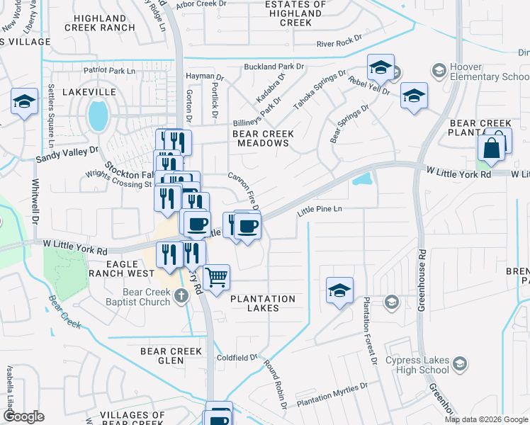 map of restaurants, bars, coffee shops, grocery stores, and more near 19690 Little Pine Lane in Katy