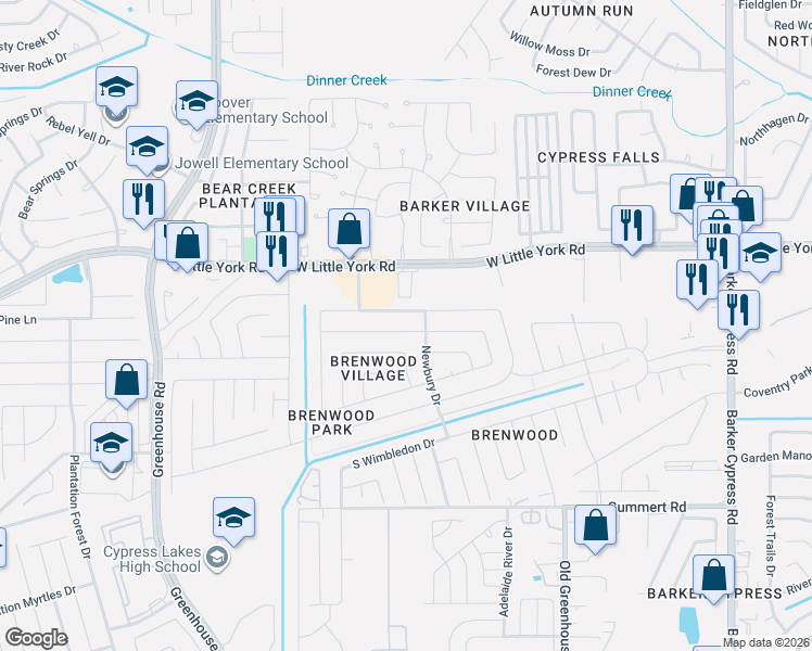 map of restaurants, bars, coffee shops, grocery stores, and more near 6239 Newbury Drive in Katy