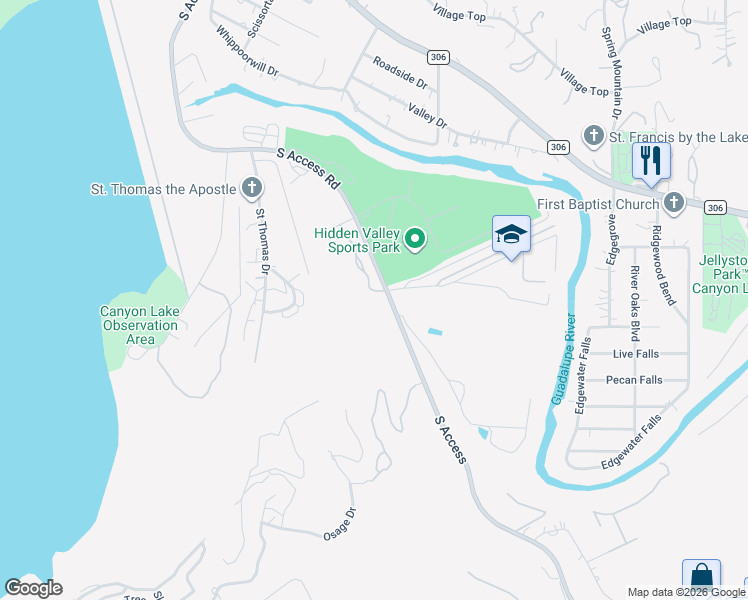 map of restaurants, bars, coffee shops, grocery stores, and more near 16029 South Access Road in Canyon Lake