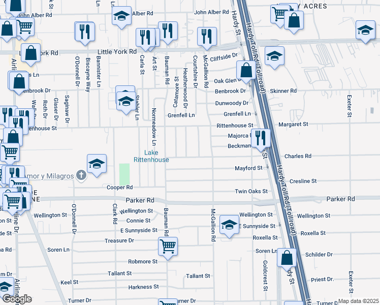 map of restaurants, bars, coffee shops, grocery stores, and more near 506 Charles Road in Houston