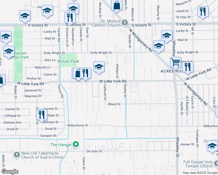 map of restaurants, bars, coffee shops, grocery stores, and more near 1702 Bland Street in Houston