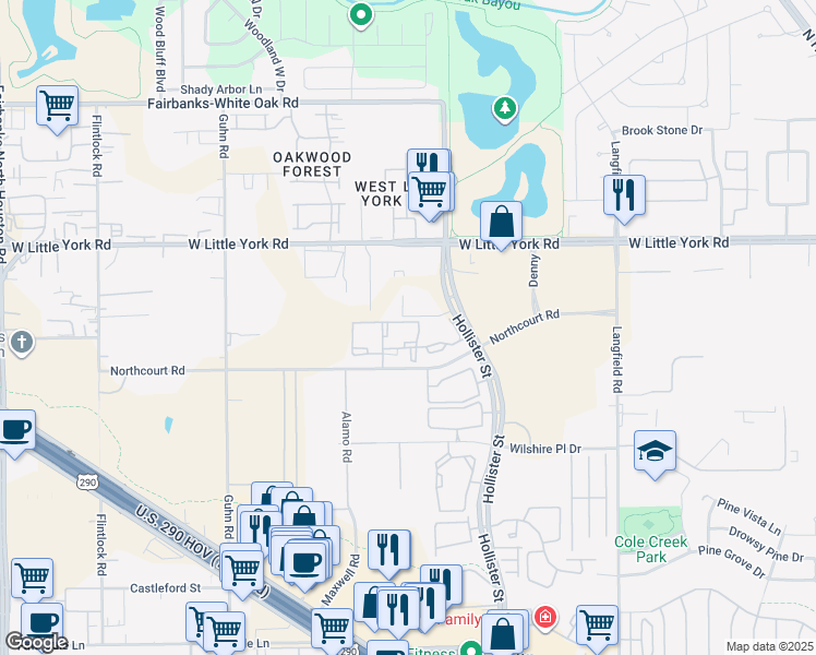 map of restaurants, bars, coffee shops, grocery stores, and more near 7055 Hollister Road in Houston