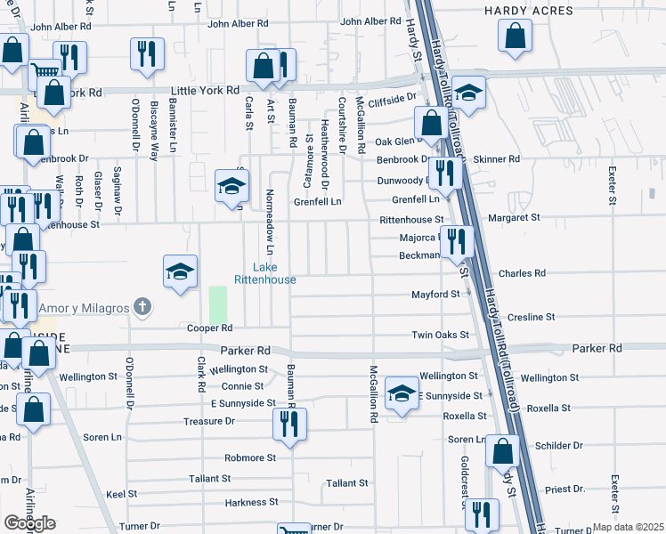 map of restaurants, bars, coffee shops, grocery stores, and more near 506 Charles Road in Houston
