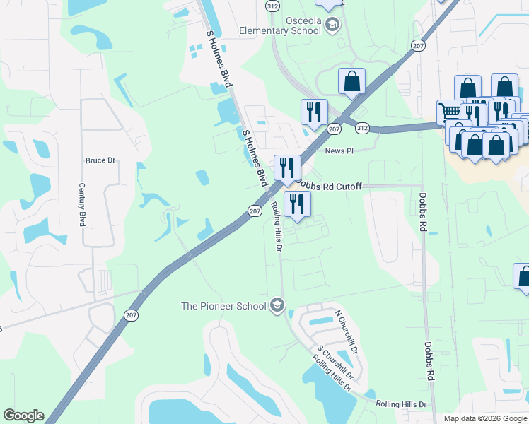 map of restaurants, bars, coffee shops, grocery stores, and more near 1240 Florida 207 in St. Augustine