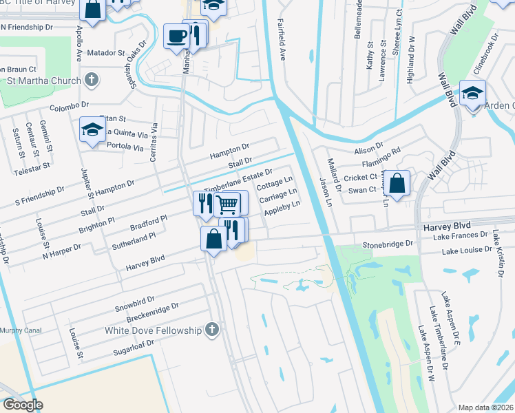 map of restaurants, bars, coffee shops, grocery stores, and more near 3328 Timberlane Way Drive in Harvey