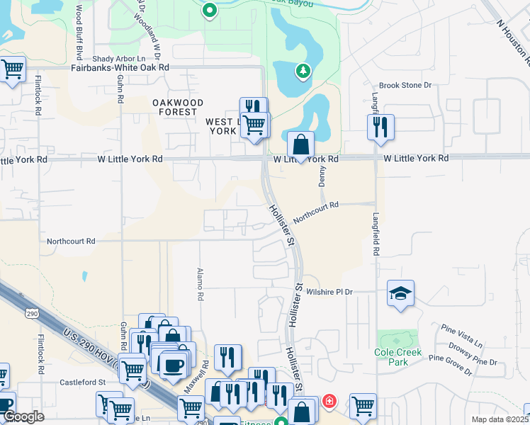 map of restaurants, bars, coffee shops, grocery stores, and more near 7055 Hollister Road in Houston