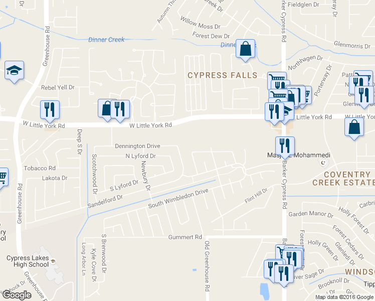 map of restaurants, bars, coffee shops, grocery stores, and more near 6263 West Willow Bluff Road in Katy