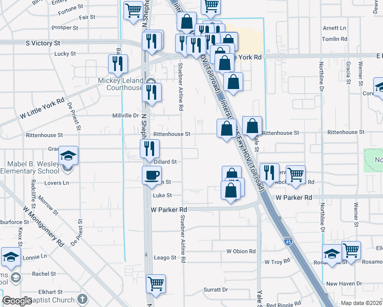 map of restaurants, bars, coffee shops, grocery stores, and more near 577 West Rittenhouse Street in Houston