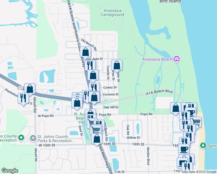 map of restaurants, bars, coffee shops, grocery stores, and more near 1800 Castile Street in St. Augustine