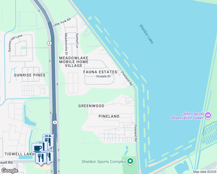 map of restaurants, bars, coffee shops, grocery stores, and more near 14207 Meadow Lake Court in Houston