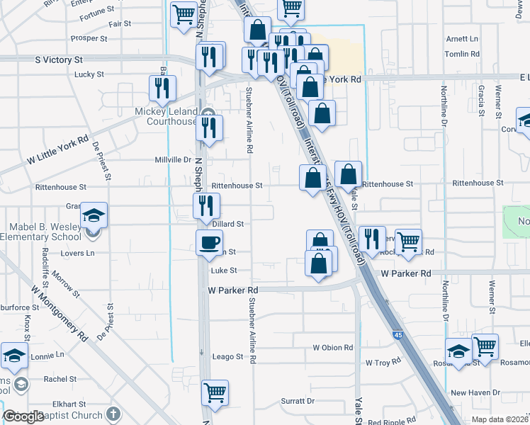 map of restaurants, bars, coffee shops, grocery stores, and more near 577 West Rittenhouse Street in Houston