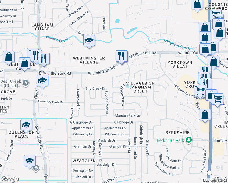 map of restaurants, bars, coffee shops, grocery stores, and more near 16618 Newglen Lane in Houston