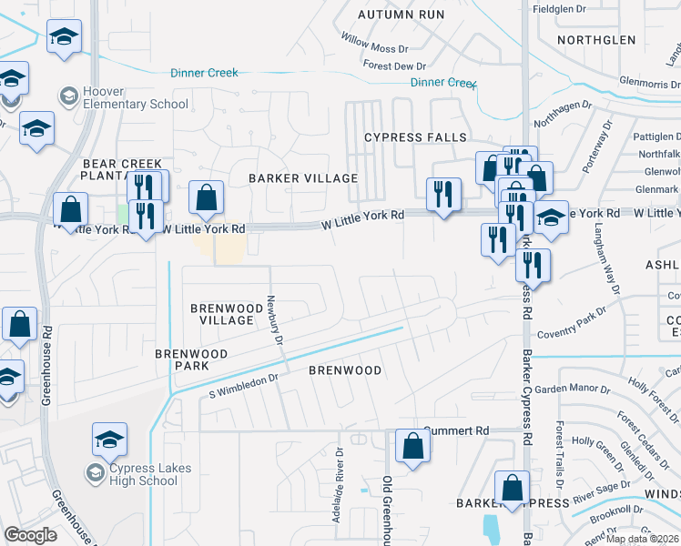 map of restaurants, bars, coffee shops, grocery stores, and more near 18506 Dennington Drive in Katy