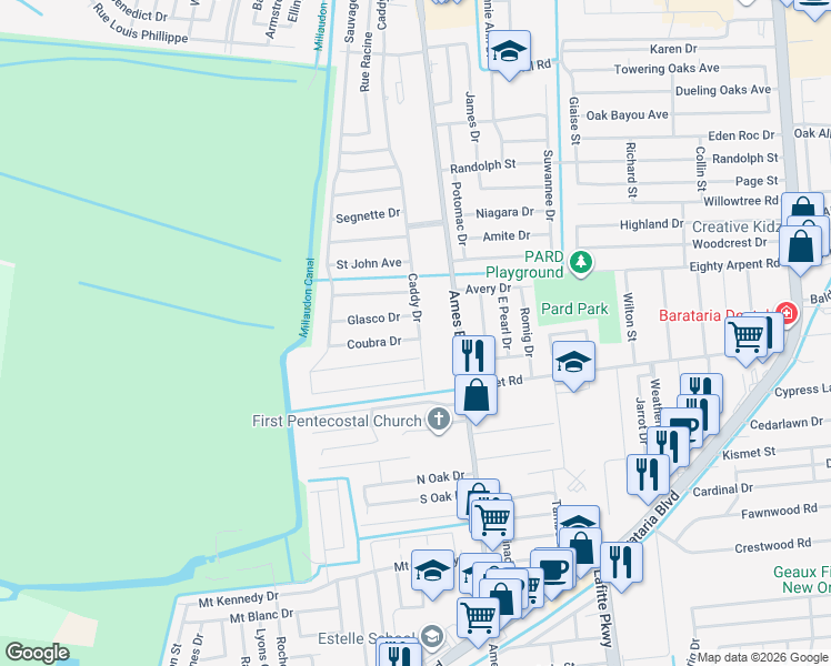 map of restaurants, bars, coffee shops, grocery stores, and more near 5812 Glasco Street in Marrero