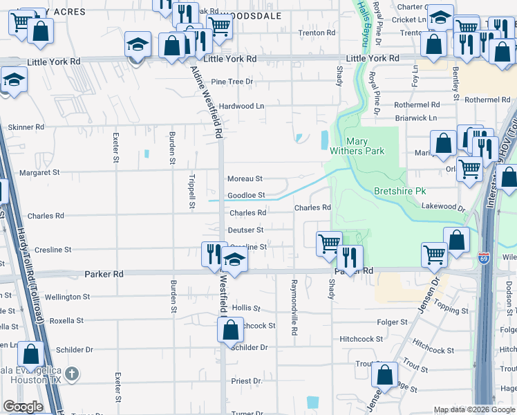 map of restaurants, bars, coffee shops, grocery stores, and more near 2423 Goodloe Street in Houston