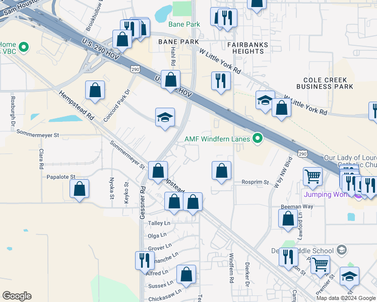 map of restaurants, bars, coffee shops, grocery stores, and more near 6620 Gessner Road in Houston