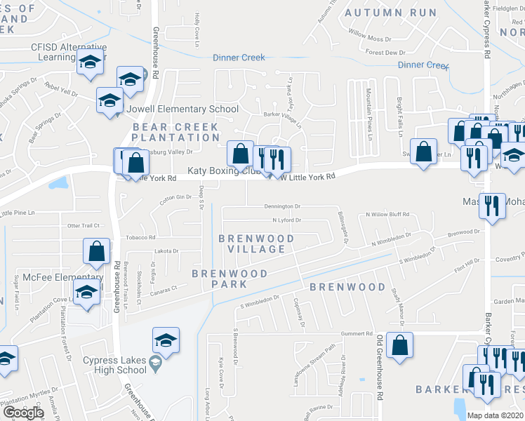 map of restaurants, bars, coffee shops, grocery stores, and more near 18747 Dennington Drive in Katy