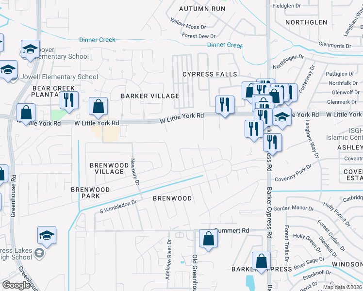map of restaurants, bars, coffee shops, grocery stores, and more near 18450 North Willow Bluff Road in Katy