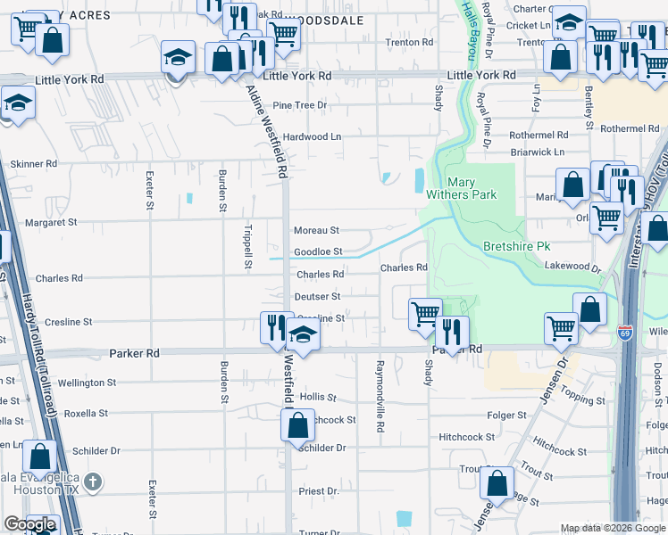 map of restaurants, bars, coffee shops, grocery stores, and more near 2423 Goodloe Street in Houston
