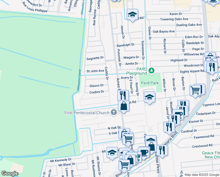 map of restaurants, bars, coffee shops, grocery stores, and more near in Marrero