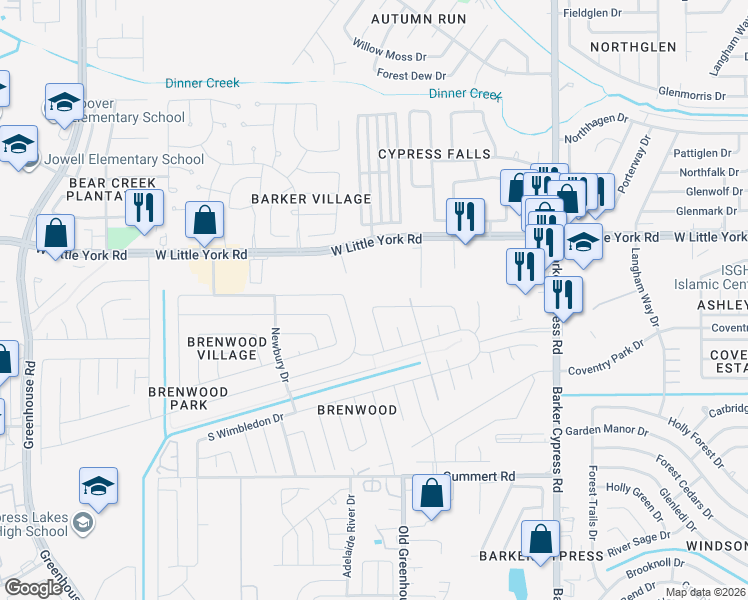 map of restaurants, bars, coffee shops, grocery stores, and more near 18450 North Willow Bluff Road in Katy