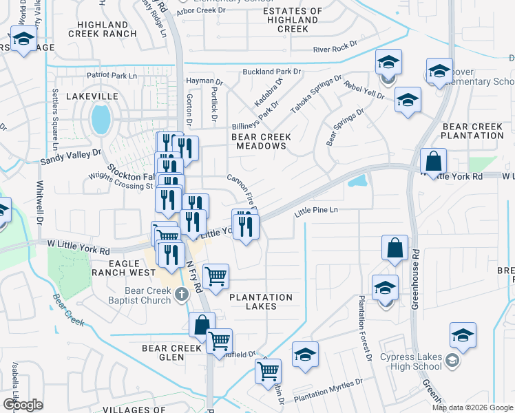 map of restaurants, bars, coffee shops, grocery stores, and more near 19619 Adelaide Meadows Court in Katy