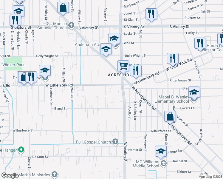 map of restaurants, bars, coffee shops, grocery stores, and more near 1305 West Little York Road in Houston
