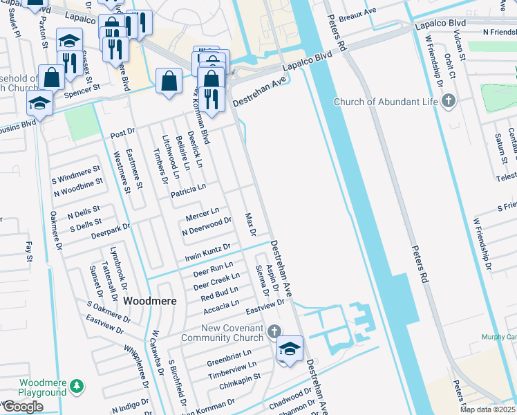 map of restaurants, bars, coffee shops, grocery stores, and more near 2820 Destrehan Avenue in Harvey