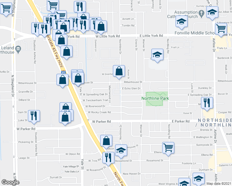 map of restaurants, bars, coffee shops, grocery stores, and more near 7001 Northline Drive in Houston