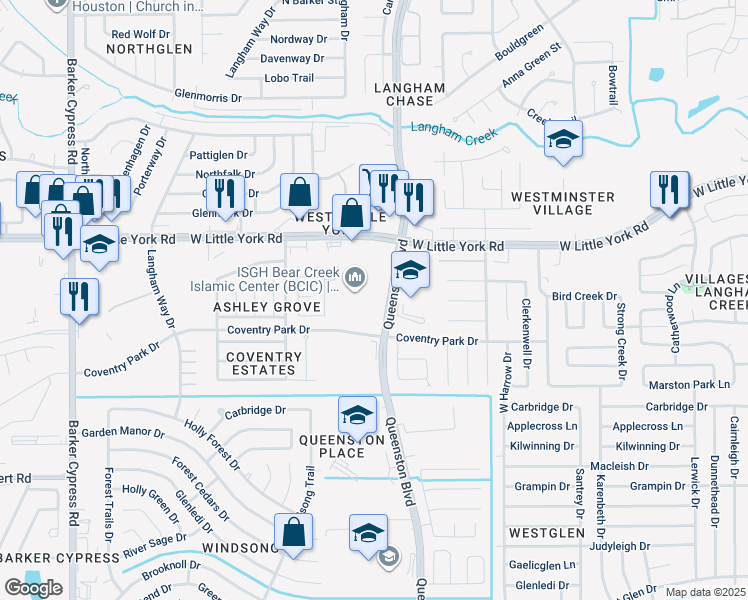 map of restaurants, bars, coffee shops, grocery stores, and more near 6101 Queenston Boulevard in Houston