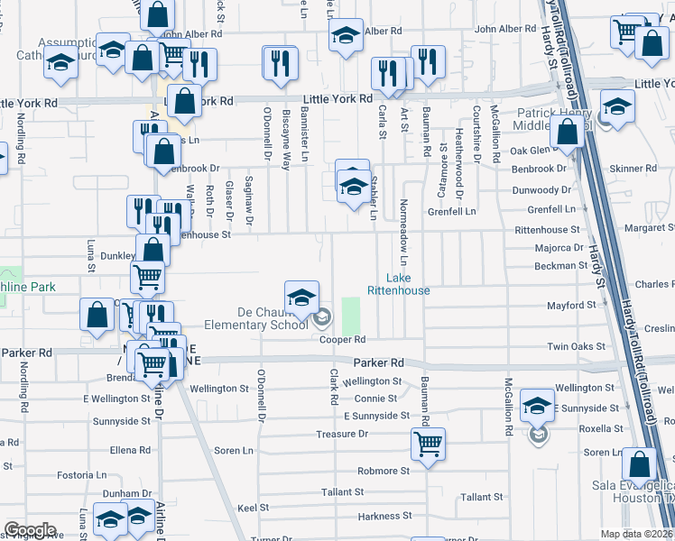map of restaurants, bars, coffee shops, grocery stores, and more near 11106 Clark Road in Houston