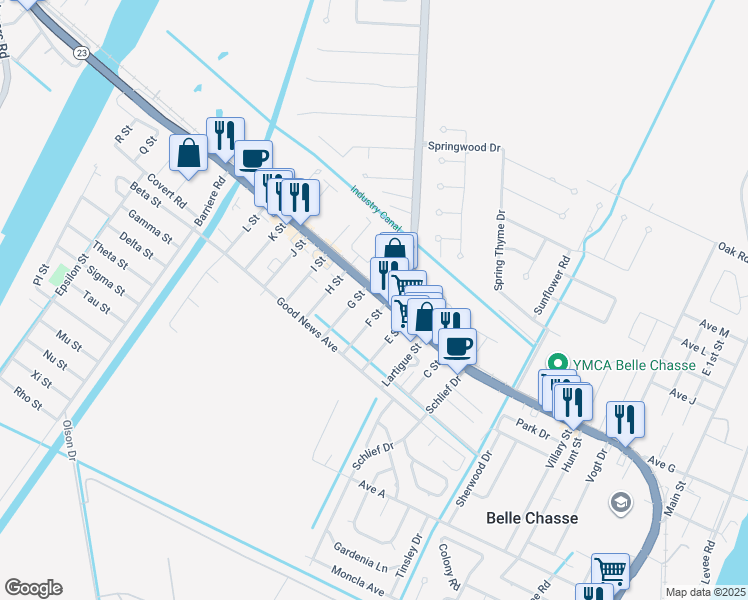 map of restaurants, bars, coffee shops, grocery stores, and more near 7836 Louisiana 23 in Belle Chasse