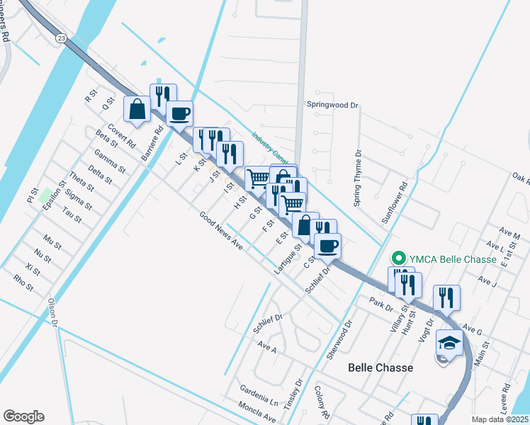 map of restaurants, bars, coffee shops, grocery stores, and more near 7836 Louisiana 23 in Belle Chasse