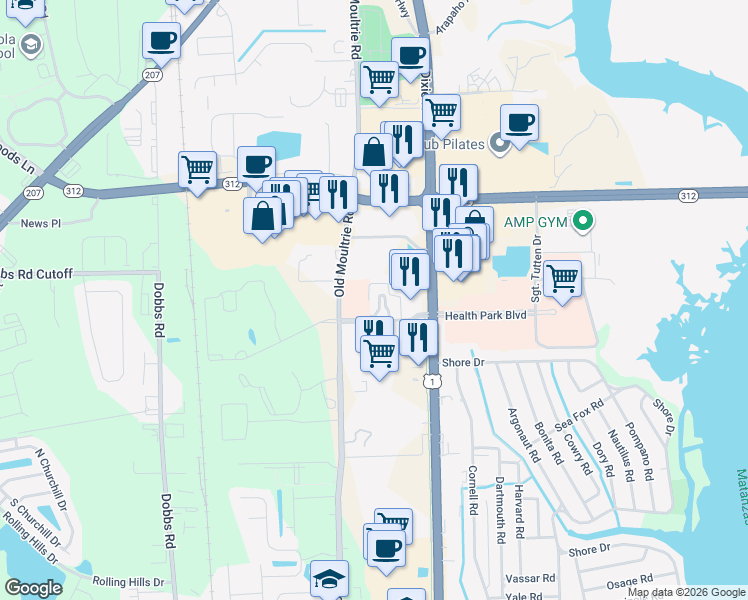 map of restaurants, bars, coffee shops, grocery stores, and more near 240 Southpark Circle East in St. Augustine